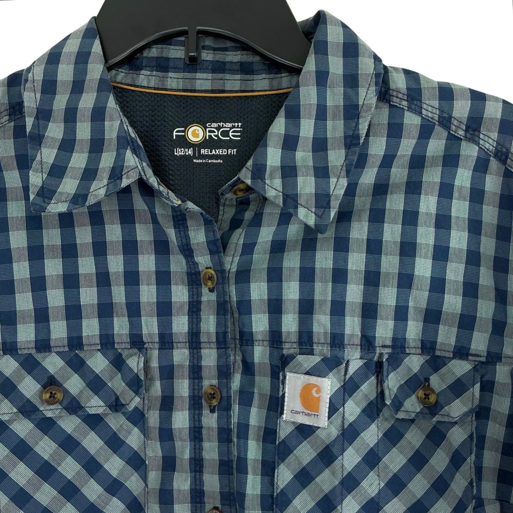 Carhartt Force Plaid‎ Shirt Women's Large 12/14 Blue Relaxed Fit Work Hiking